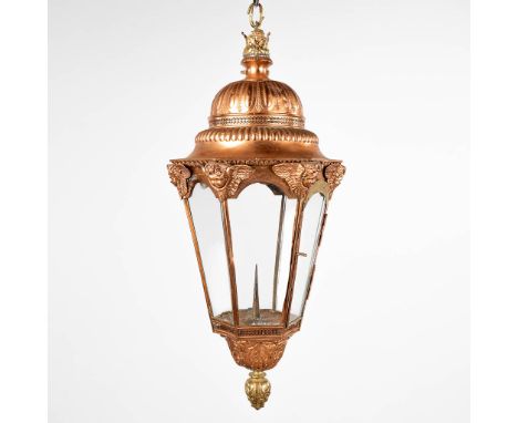 An antique lantern, made of copper and decorated with angles. 19th century. Dimensions: (W: 31 x H: 74 cm)