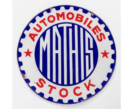 Automobiles Mathis Stock, a double-sided enamel plate. Dimensions: (D: 70 cm)