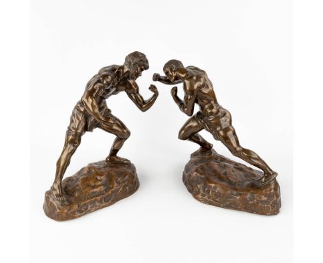 Jef LAMBEAUX (1852-1908)(after) 'Les Lutteurs' a pair of statues made of bronze. Dimensions: (L: 22 x W: 36 x H: 38 cm)