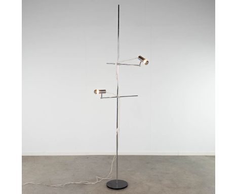 A standing lamp with 2 points of light, acrylic and chromed metal, circa 1970. Condition: Acryl connection points damaged. Po