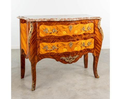 A commode chest of drawers decorated with marquetry inlay and marble. circa 1970. Dimensions: (L: 55 x W: 114 x H: 89 cm)