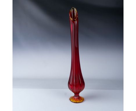 Tall and striking mid-century Amberina glass vase featuring a vibrant color gradient transitioning from deep ruby red to ambe