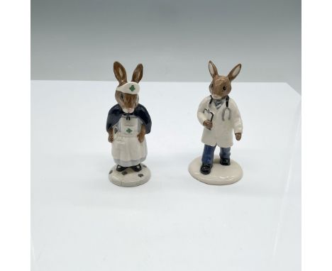 A charming pair of Royal Doulton Bunnykins figurines, comprising Nurse Bunnykins (DB74) and Doctor Bunnykins (DB181), both da