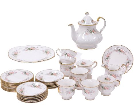A Paragon porcelain Affection pattern part tea service, comprising teapot, bread plate, cream jug and sugar bowl, seven teacu