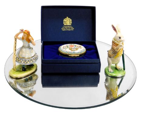A Halcyon Days enamel box for 1992, A Year to Remember, boxed with certificate, two Hidden Treasures enamel boxes modelled as