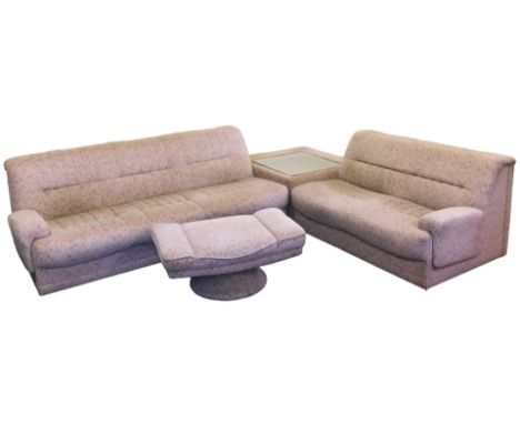 A 1970s Englender two piece modular sofa, upholstered in pale and dark brown upholstery, together with a rectangular pedestal