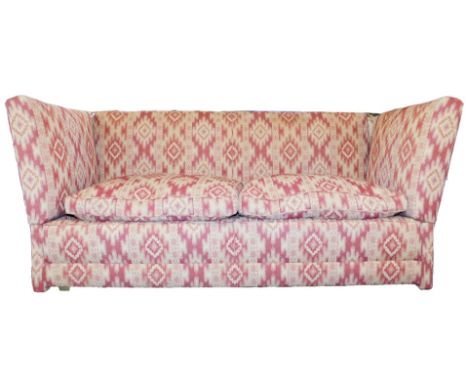A Knoll two seater sofa, upholstered in a red and cream geometric fabric, 204cm wide.