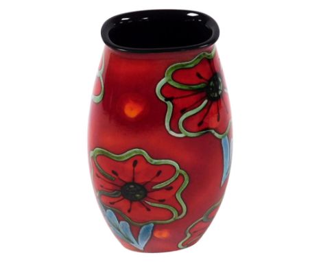 A Poole Pottery Poppy Field pattern vase, Manhattan shape, painted initials JB, raised marks, 25cm high.