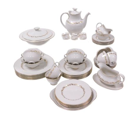 A Royal Doulton porcelain Fairfax pattern part dinner and tea service, including a vegetable tureen and cover, sauce boat on 