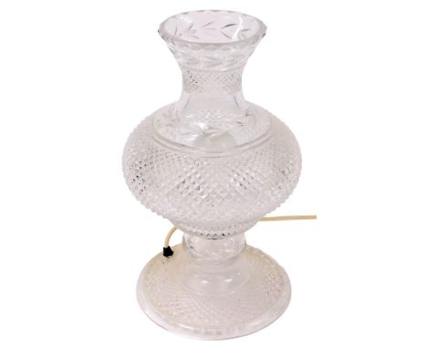 A Galway crystal table lamp with a vase shaped shade, raised on a knopped stem, bears label, 40cm high.
