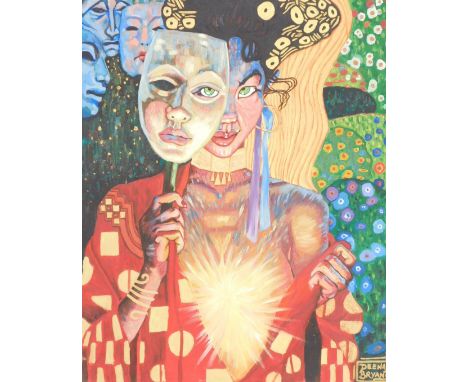 Deena Bryant (British contemporary). Lady with a Mask, in the manner of Gustav Klimt, oil on canvas, signed, 100cm x 80cm.