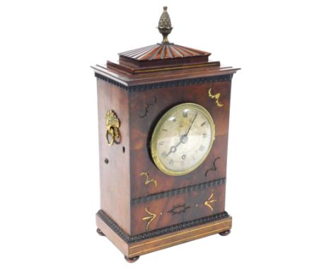 A Regency mahogany mantel clock, by Yonge of London, silvered dial bearing Roman numerals, thirty hour movement, the case of 