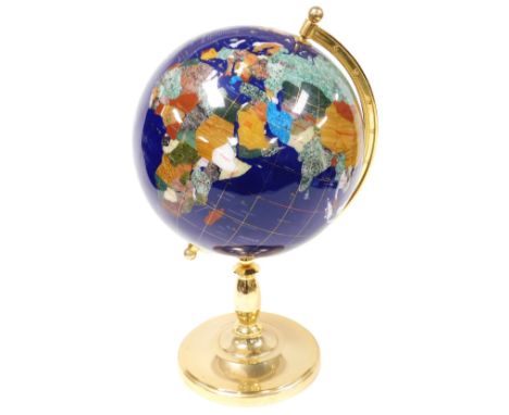 A hardstone terrestrial globe, in a polished brass frame, frame 58cm high.