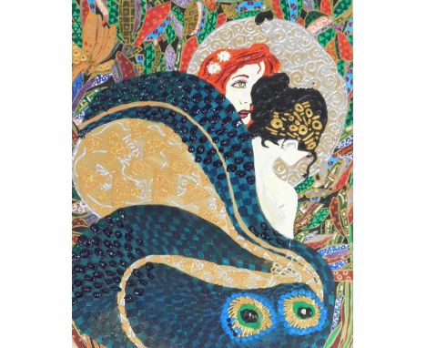 Deena M Bryant (British late 20th/early 21stC). Portrait of two ladies, manner of Gustav Klimt, mixed media on canvas, 51cm x