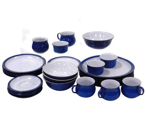 A group of Denby Imperial Blue dinner and tea wares, including dinner, dessert and side plates, fruit bowls and teacups. (AF)