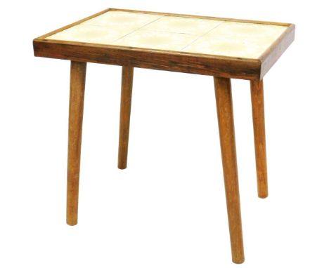 A mid century oak and tile top occasional table, set with six yellow floral tiles, raised on turned legs, 45.5cm x 48cm x 33c