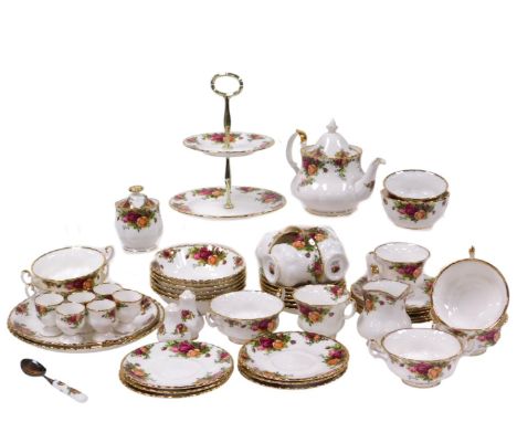 A Royal Albert porcelain Old Country Roses pattern tea service, comprising teapot, cream jug, a pair of sugar bowls, jam pot 