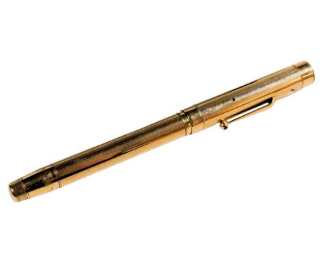 A Mabie Todd Swan gold plated fountain pen, with a number 2 14ct gold nib, the shaft with engine turned decoration, vacant re