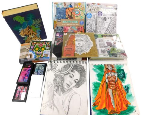 A group of artist's materials, including a paint pouring art set, colouring books and art, pastels, Crystal Creations canvas 