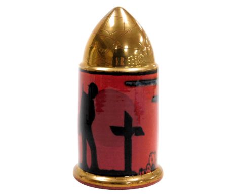A Poole pottery sculpture, of shell case form, unique studio piece 1/1, in commemoration of WWI, "Lest We Forget", designed b