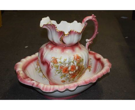 Pink and floral decorated wash jug and basin