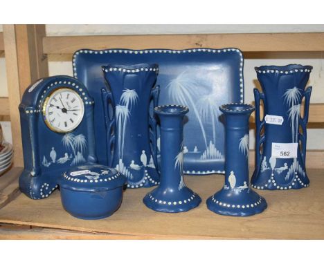 Blue and white painted dressing table set with matching mantel clock