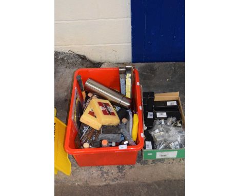 Quantity of assorted hand tools and a box assorted hinges