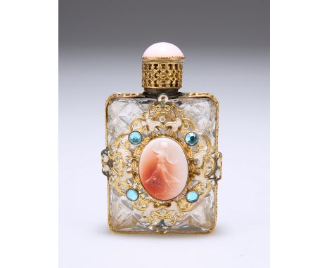 A FRENCH GILT-METAL MOUNTED AND "JEWELLED" SCENT FLASK, centred to the front with an oval plaque depicting a dancer, surround