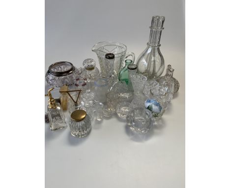 A large collection of glass inc. silver-rimmed bowl, brass-mounted cut-glass inkwell, atomiser, etc.