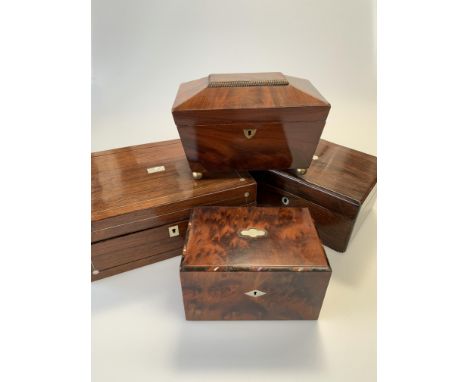 Four Victorian boxes comprising sarcophagus-form tea caddy, burr wood box (locked shut) and two inlaid rosewood boxes (4)