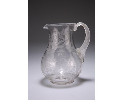 A STOURBRIDGE GLASS JUG, 19TH CENTURY, of baluster form, engraved with flowers, ferns and foliage, further engraved 'R. Shaw 
