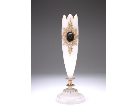 AN OPAQUE FROSTED GLASS VASE, CIRCA 1890, the tapering body with portrait "cameo" within a gilded bead surround, raised on a 