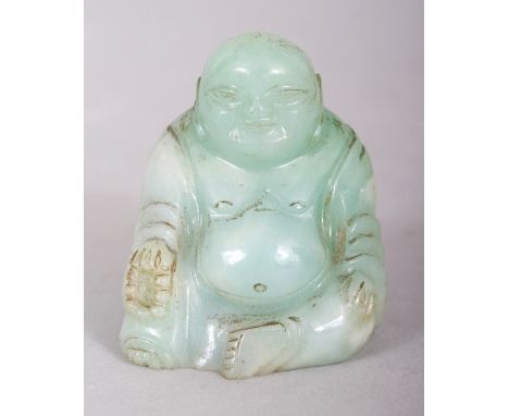 A SMALL 19TH/20TH CENTURY CHINESE APPLE GREEN JADE FIGURE OF BUDAI, seated clasping beads and with an exposed belly, 1.75in h