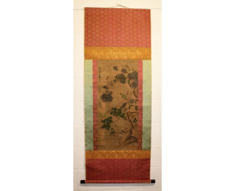 A CHINESE HANGING SCROLL PICTURE, decorated with birds perched on pine and blossoming branches, the picture itself approx. 34