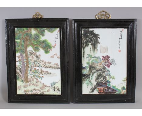 A PAIR OF 20TH CENTURY CHINESE WOOD FRAMED FAMILLE ROSE RECTANGULAR PORCELAIN PLAQUES, together with original patterned cardb