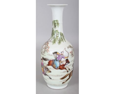 A CHINESE FAMILLE ROSE PORCELAIN BOTTLE VASE, decorated with a scene of mounted riders hunting a hare, the base with a Qianlo