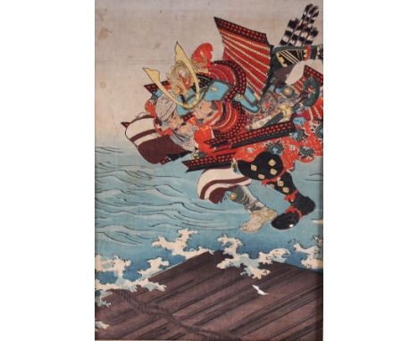 A MOUNTED 19TH CENTURY JAPANESE OBAN WOODBLOCK PRINT OF A SAMURAI, probably from a triptych, the mount 20.5in x 15.6in.