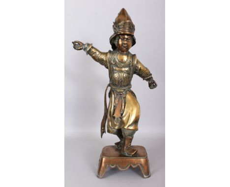 A GOOD LARGE 19TH CENTURY ORIENTAL BRONZE FIGURE OF A WARRIOR, standing on a shaped rectangular base, 22in high.