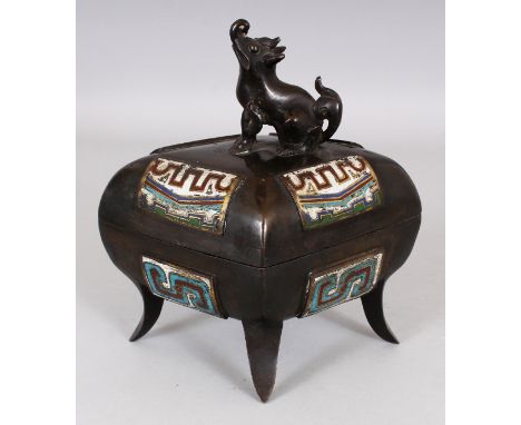 A 19TH/20TH CENTURY ORIENTAL DIAMOND SHAPED CHAMPLEVE & BRONZE BOX & COVER, the cover with a baku finial, 7.4in wide & 7.5in 