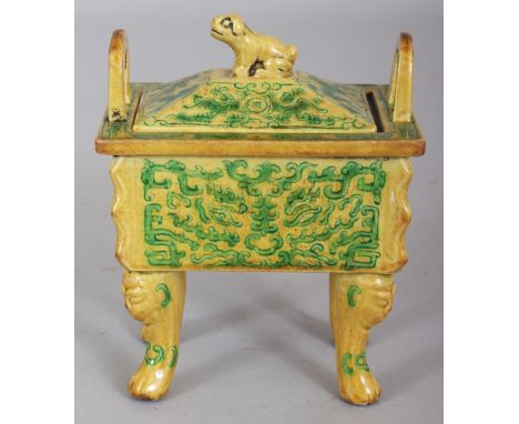 A CHINESE YELLOW & GREEN GLAZED RECTANGULAR PORCELAIN CENSER & COVER, of archaic bronze form, the base with a Qianlong seal m