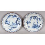 A SMALL PAIR OF 18TH CENTURY CHINESE BLUE & WHITE PORCELAIN DISHES, each painted with a water fowl