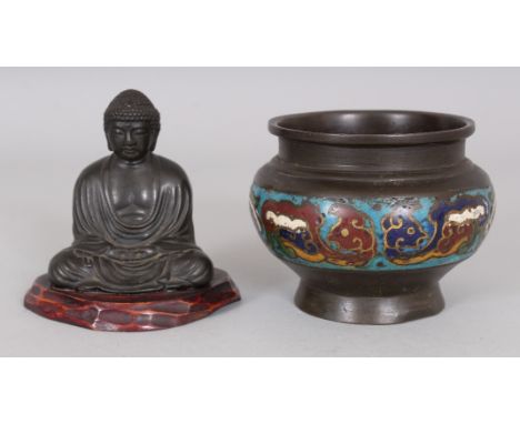 A SMALL JAPANESE BRONZE FIGURE OF BUDDHA, mounted on a fixed wood stand, 2.8in high; together with a small champleve and bron