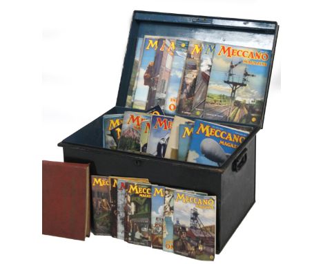 A tin deeds box trunk, in black, with hinged lid revealing a plain interior partially painted turquoise, (when closed) 35cm H