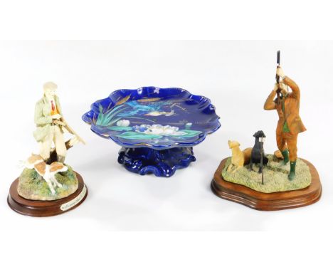 An early 20thC English pottery comport, of shaped outline, hand painted with Kingfisher and flowers, on a shaped scroll base,