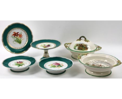 A 19thC continental porcelain part dessert service, comprising footed comport, 13cm H, two shallow footed comports, plate, et