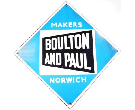 A vintage enamel advertising sign for Boulton &amp; Paul of Norwich, in blue, black and white, 56cm x 46c