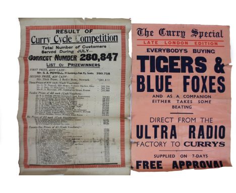 Two vintage posters, one for The Curry Special, 76cm x 50cm, and a Curry Cycle Competition Prize List poster.  (2)