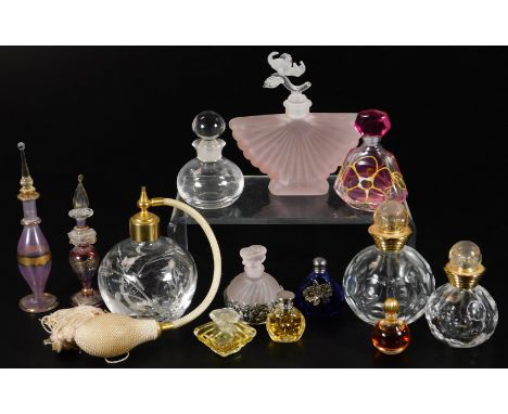 Various perfume bottles, cut glass, etc., to include Christian Dior, 7cm H, atomiser, other fashion perfume bottles, etc.  (a