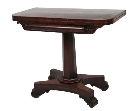 A 19thC flame mahogany fold over card table, the rounded top revealing a baize lined interior, on shaped supports terminating