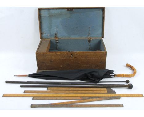 A Victorian pine toolbox, of small proportion, the rectangular body with hinged lid revealing a quantity of various tools, 23